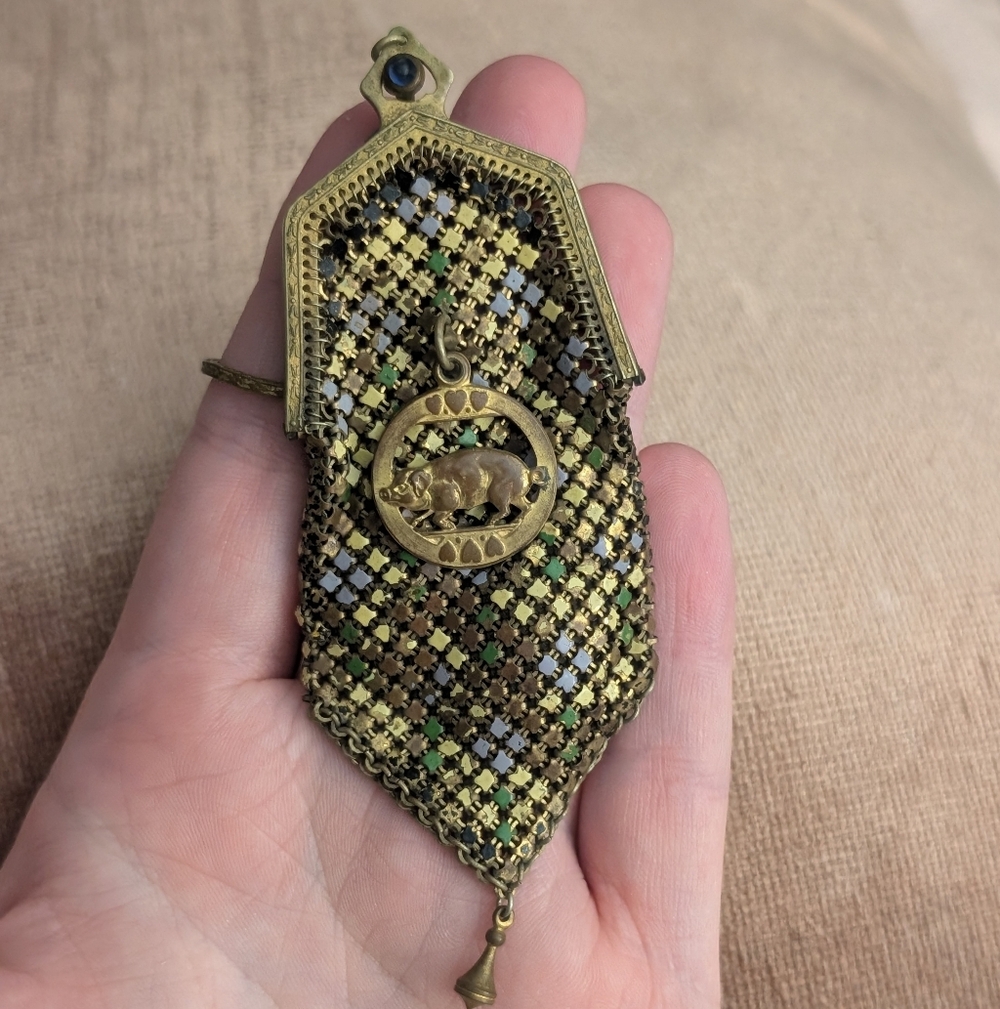 1920's Enamel Mini Metal Mesh Flapper Coin Purse - Picture 1 of 9
